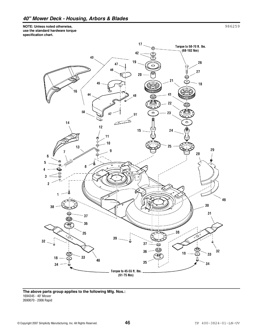 Snapper 2006 Rapid manual Mower Deck Housing, Arbors & Blades 