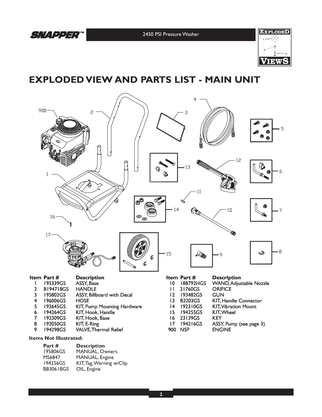 Snapper 20229 manual Exploded View And Parts List - Main Unit, PSI Pressure Washer, Description, Items Not Illustrated 
