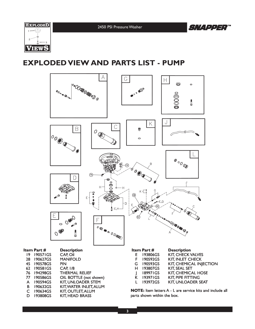Snapper 20229 manual Exploded View And Parts List - Pump, PSI Pressure Washer 