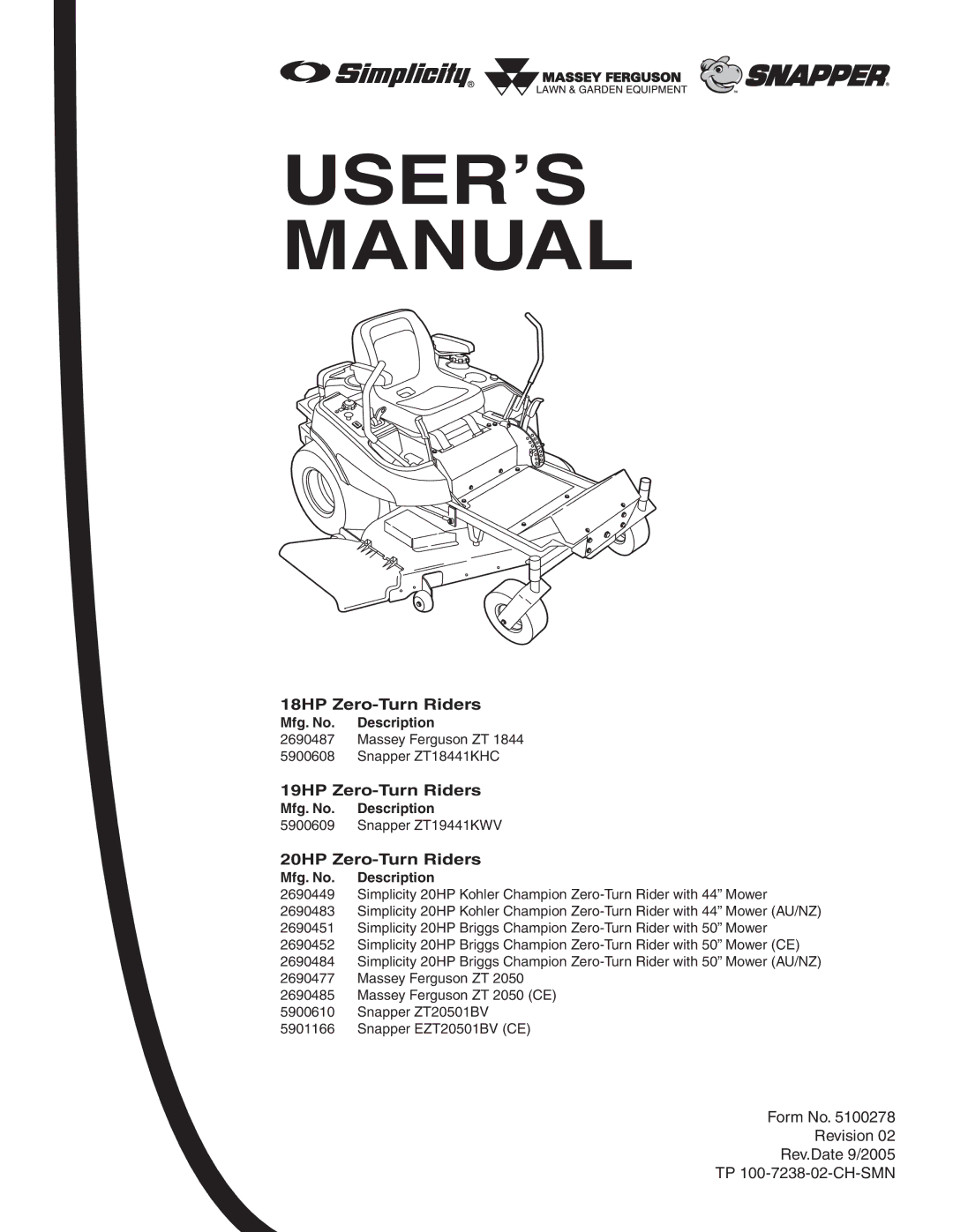 Snapper user manual 18HP Zero-Turn Riders, 19HP Zero-Turn Riders, 20HP Zero-Turn Riders 