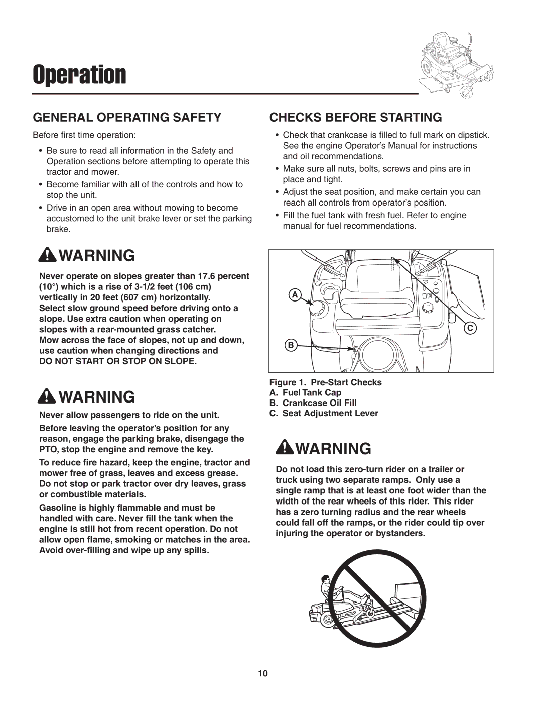 Snapper 19HP, 20HP user manual General Operating Safety, Checks Before Starting 