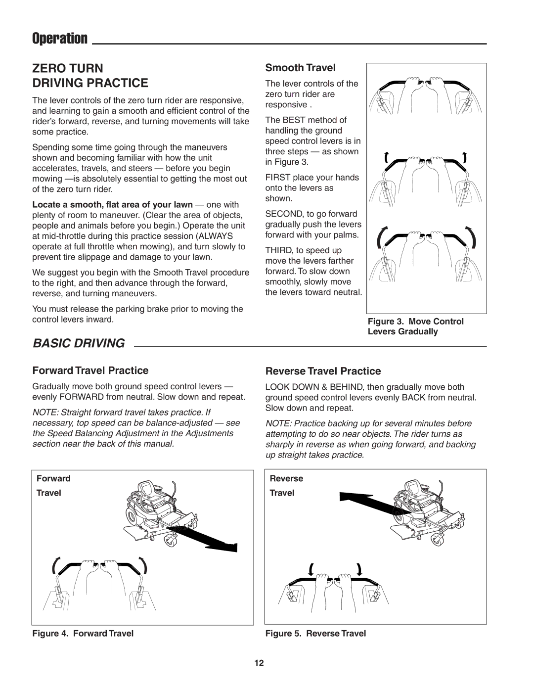 Snapper 19HP, 20HP user manual Zero Turn Driving Practice, Smooth Travel, Forward Travel Practice, Reverse Travel Practice 