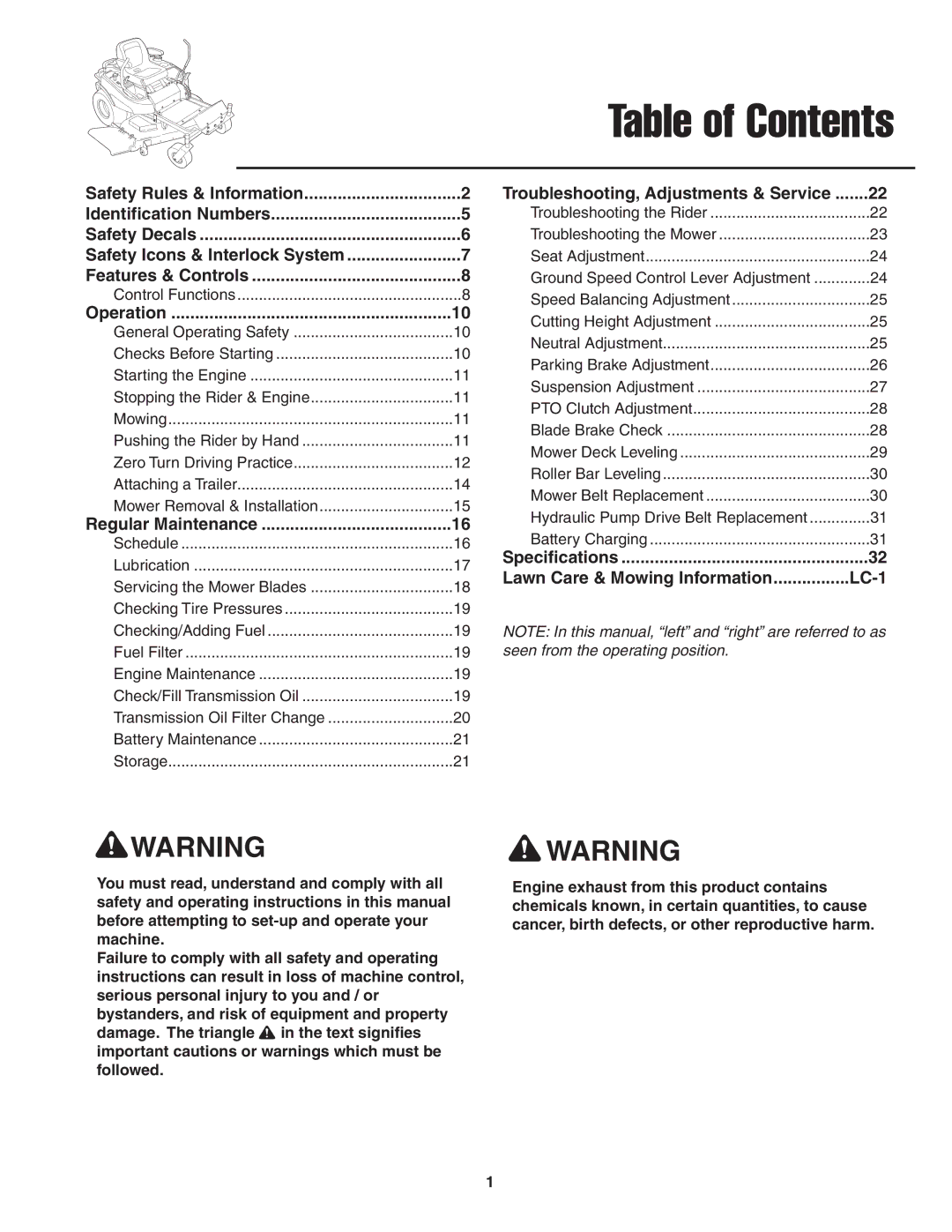 Snapper 20HP, 19HP user manual Table of Contents 