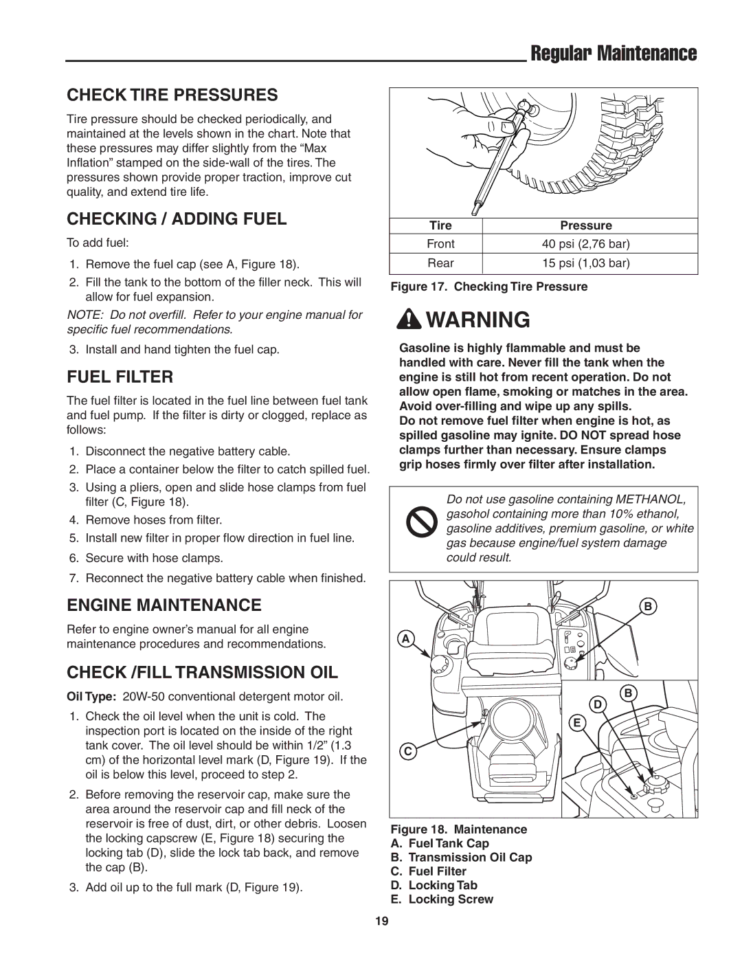 Snapper 20HP Check Tire Pressures, Checking / Adding Fuel, Fuel Filter, Engine Maintenance Check /FILL Transmission OIL 