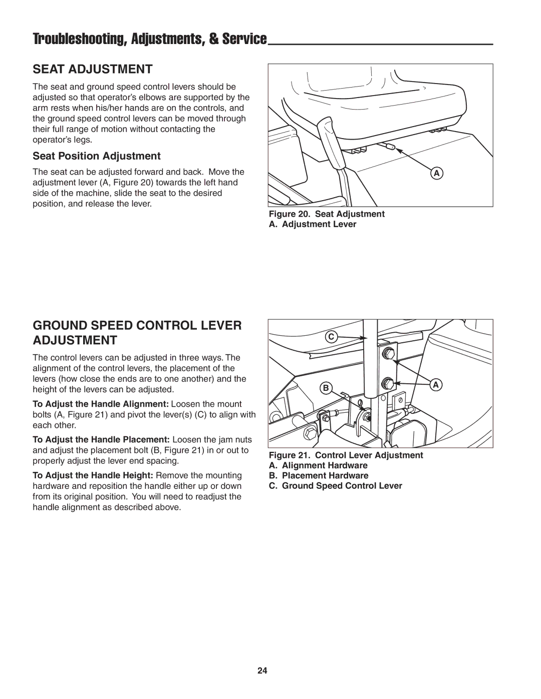 Snapper 19HP, 20HP Troubleshooting, Adjustments, & Service, Seat Adjustment, Ground Speed Control Lever Adjustment 