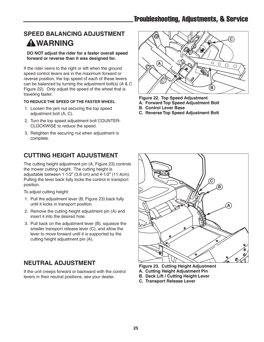 Snapper 20HP, 19HP user manual Speed Balancing Adjustment, Cutting Height Adjustment, Neutral Adjustment 