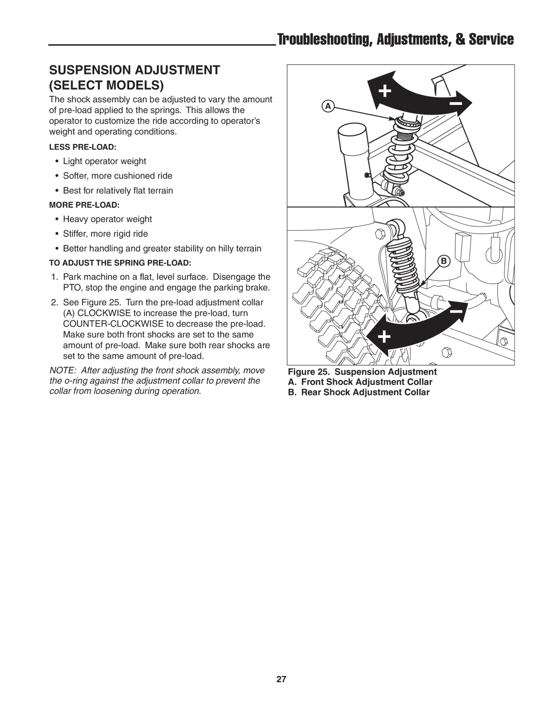 Snapper 20HP, 19HP user manual Suspension Adjustment Select Models 