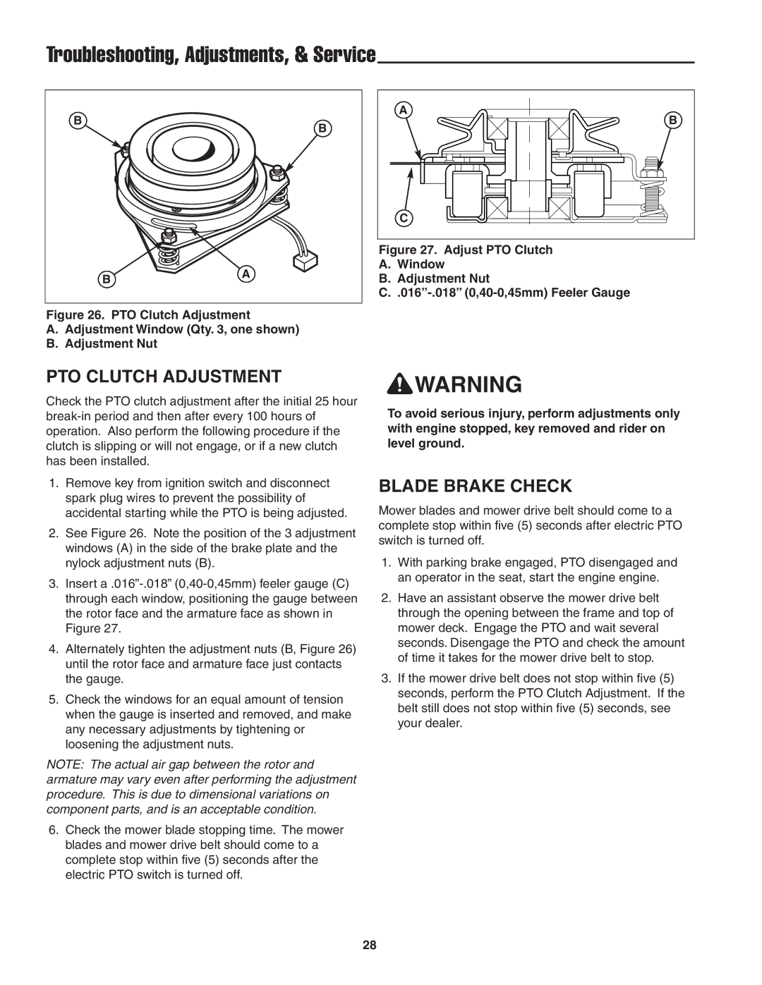 Snapper 19HP, 20HP user manual PTO Clutch Adjustment, Blade Brake Check 