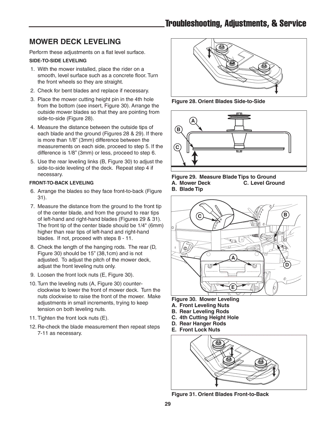 Snapper 20HP, 19HP user manual Mower Deck Leveling 