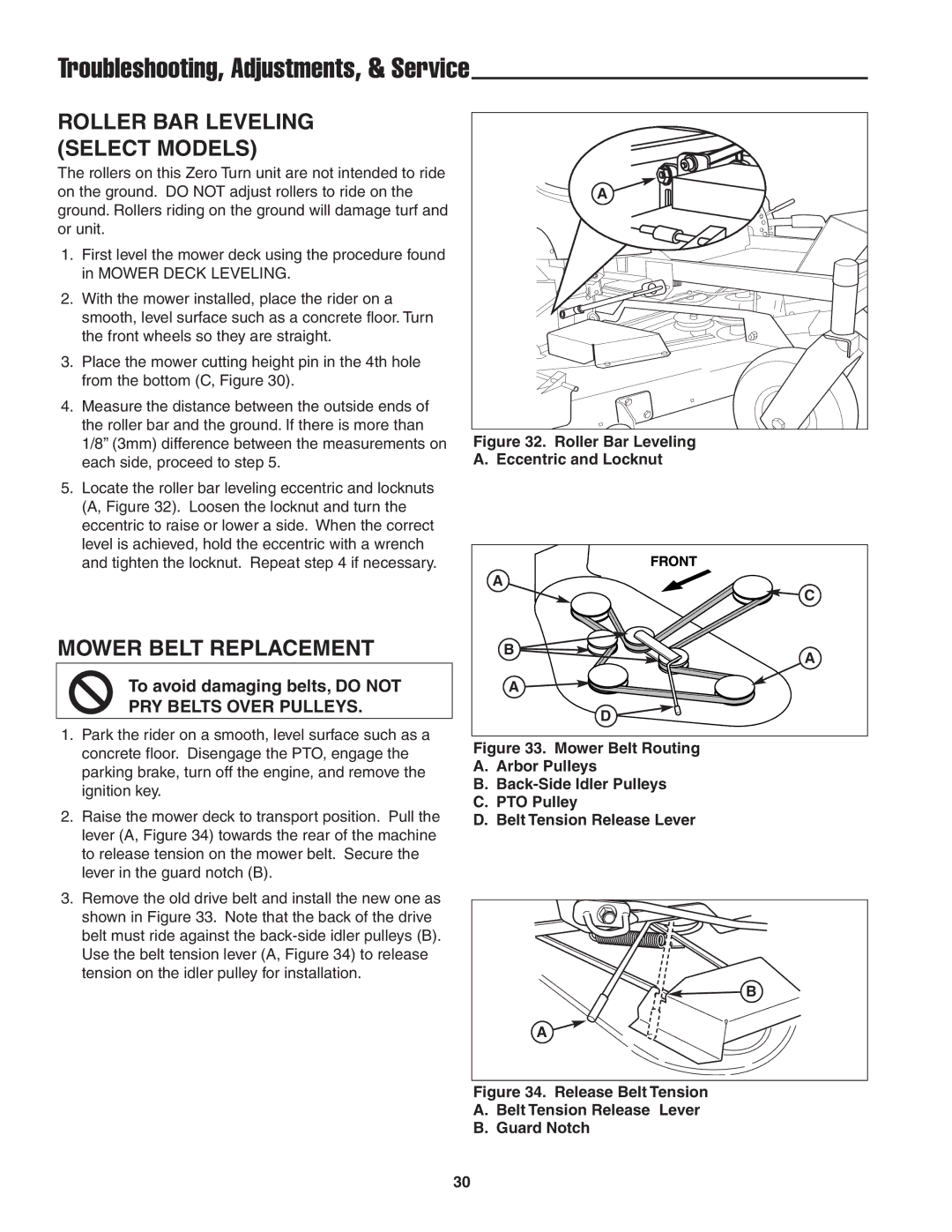 Snapper 19HP, 20HP user manual Roller BAR Leveling Select Models, Mower Belt Replacement 