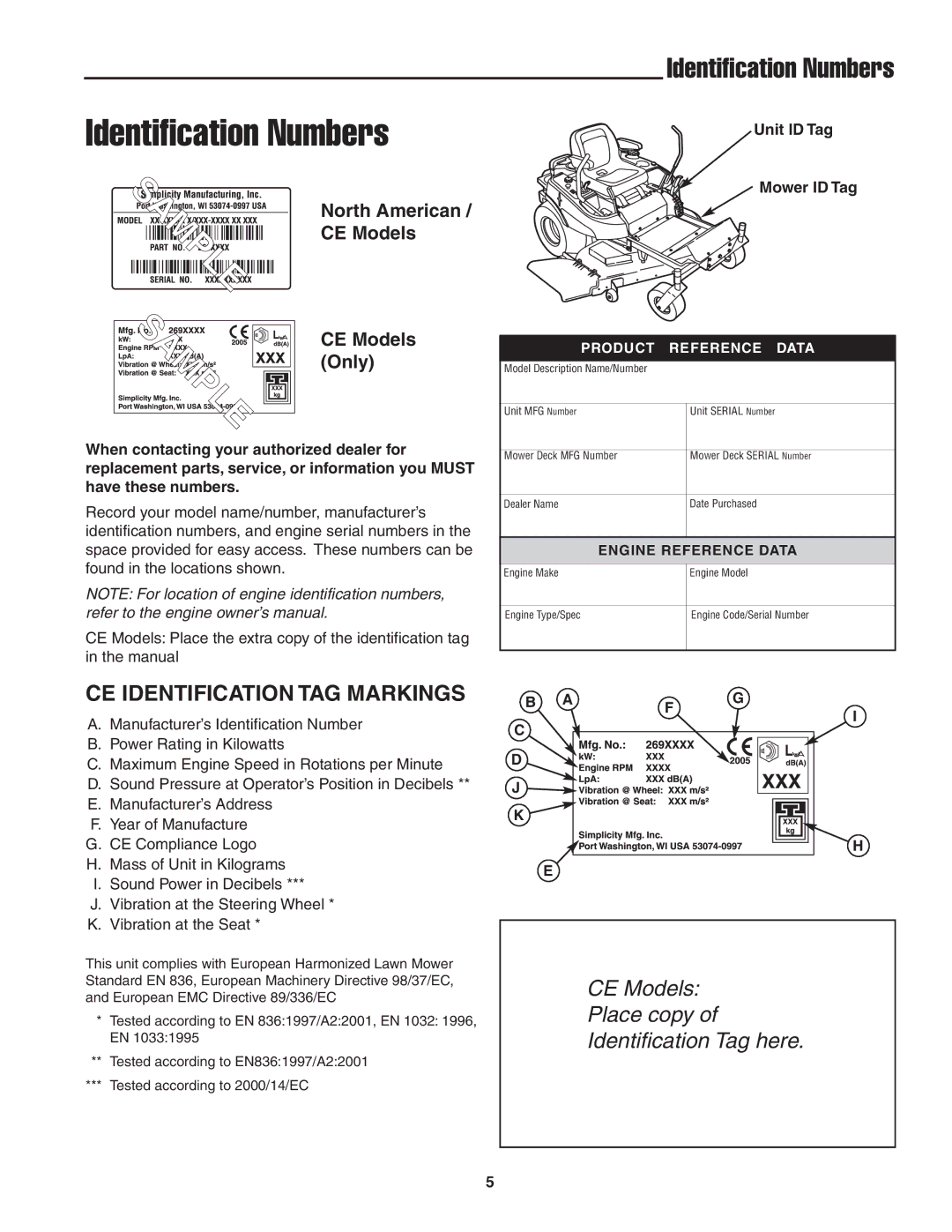 Snapper 20HP, 19HP user manual Identification Numbers, CE Identification TAG Markings, North American, CE Models, Only 