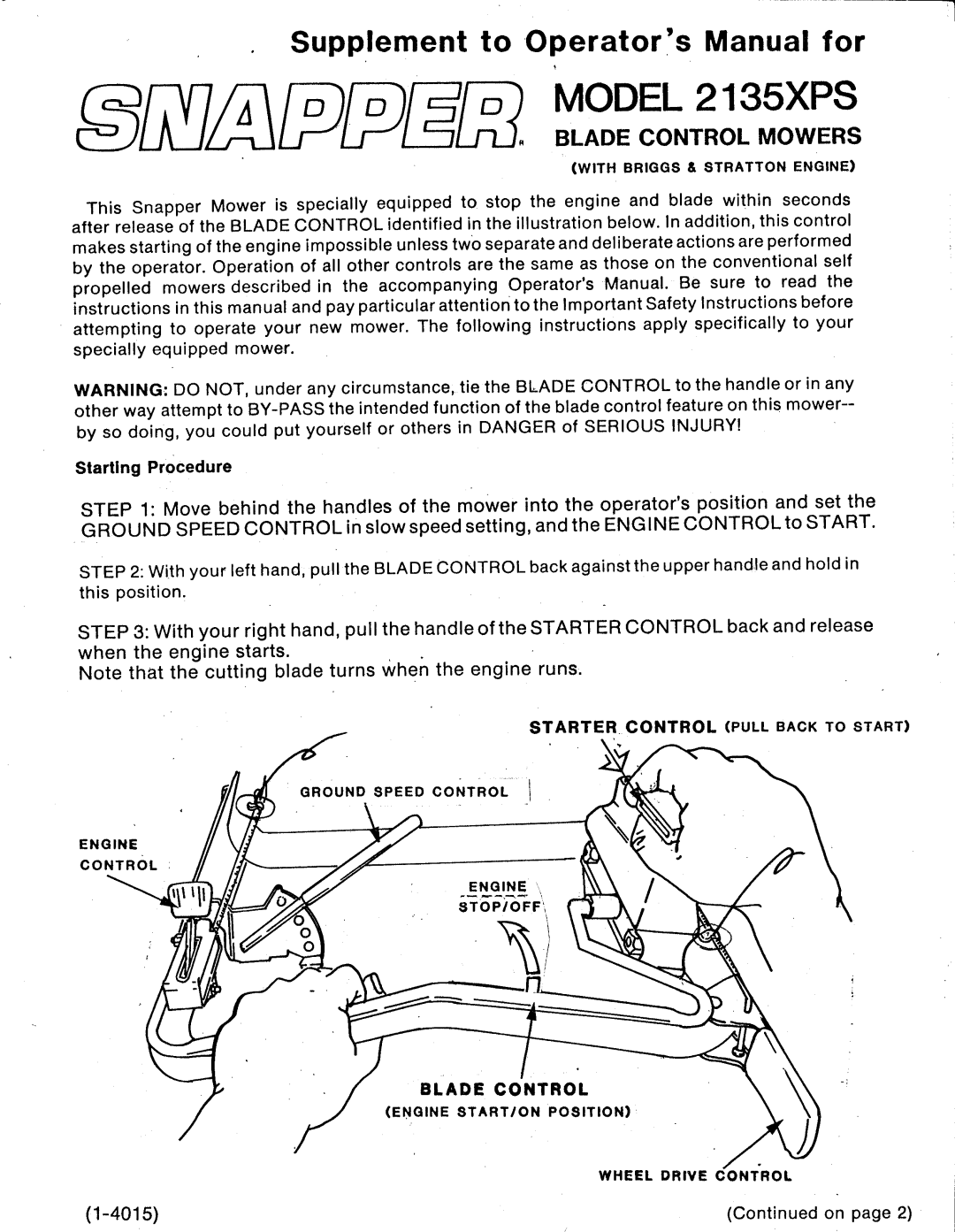 Snapper 2135XPS manual 