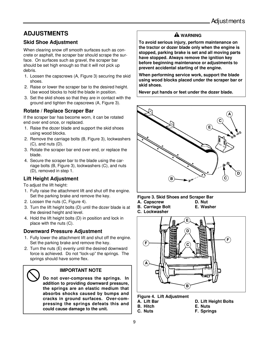 Snapper 2137 manual Adjustments, Skid Shoe Adjustment, Rotate / Replace Scraper Bar, Lift Height Adjustment 