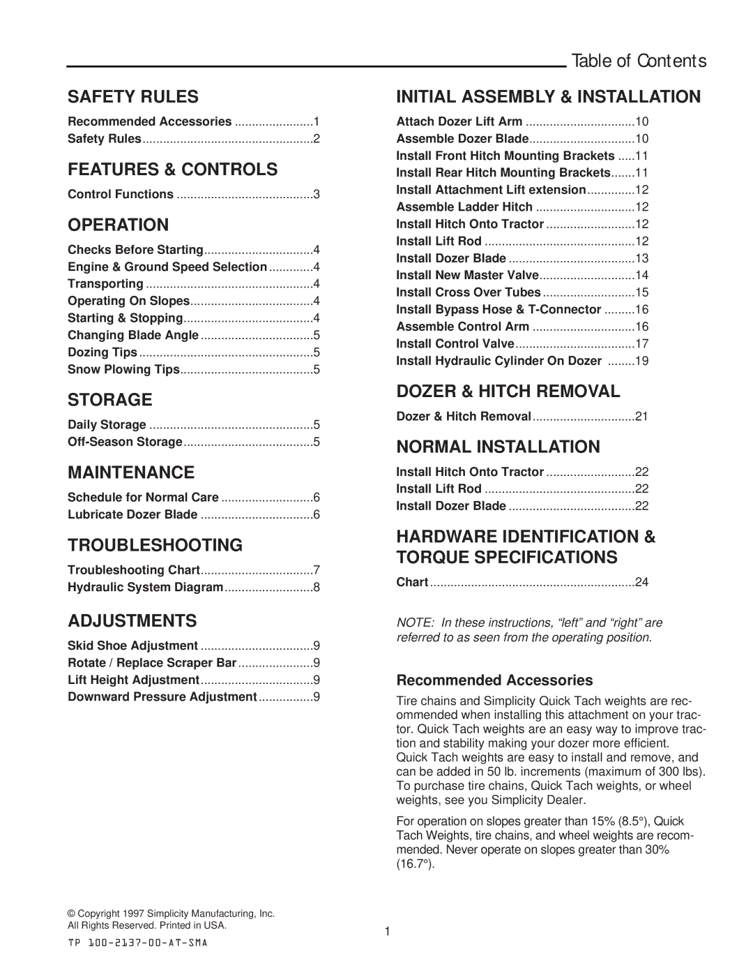 Snapper 2137 manual Table of Contents 