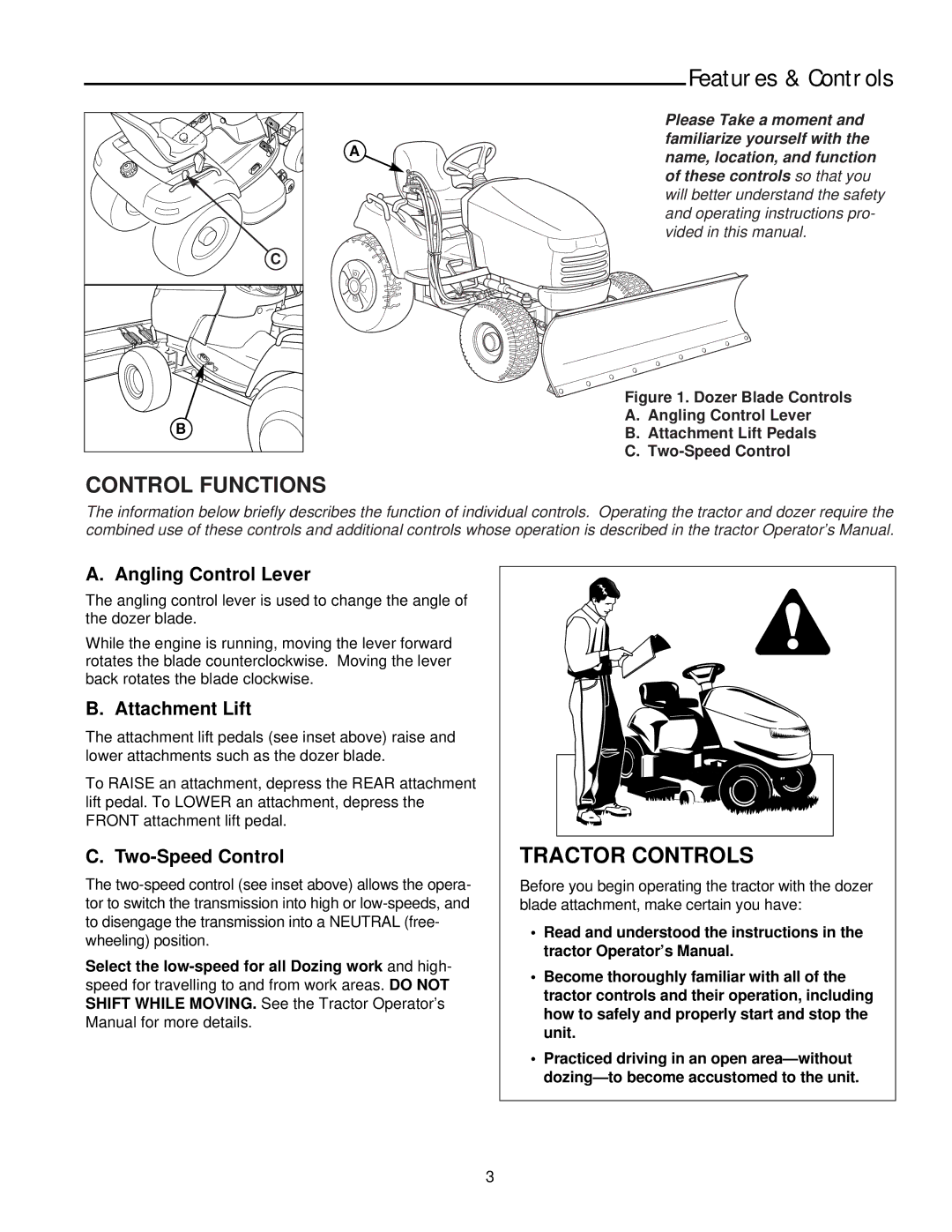 Snapper 2137 manual Angling Control Lever, Attachment Lift, Two-Speed Control 