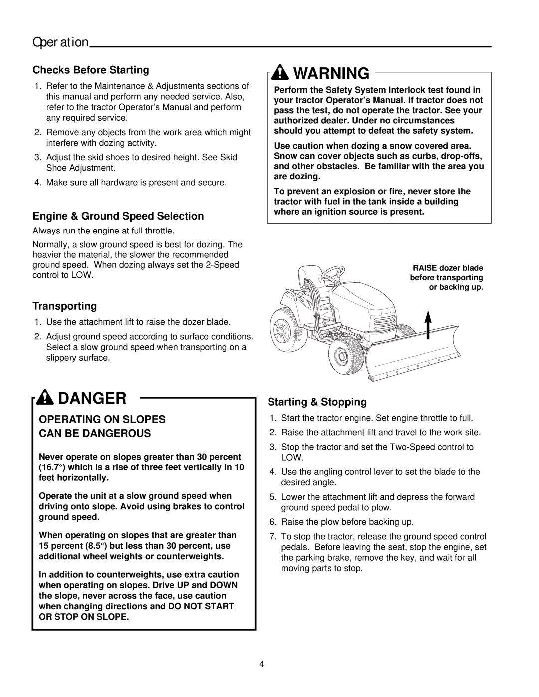 Snapper 2137 manual Operation, Checks Before Starting, Engine & Ground Speed Selection, Transporting, Starting & Stopping 