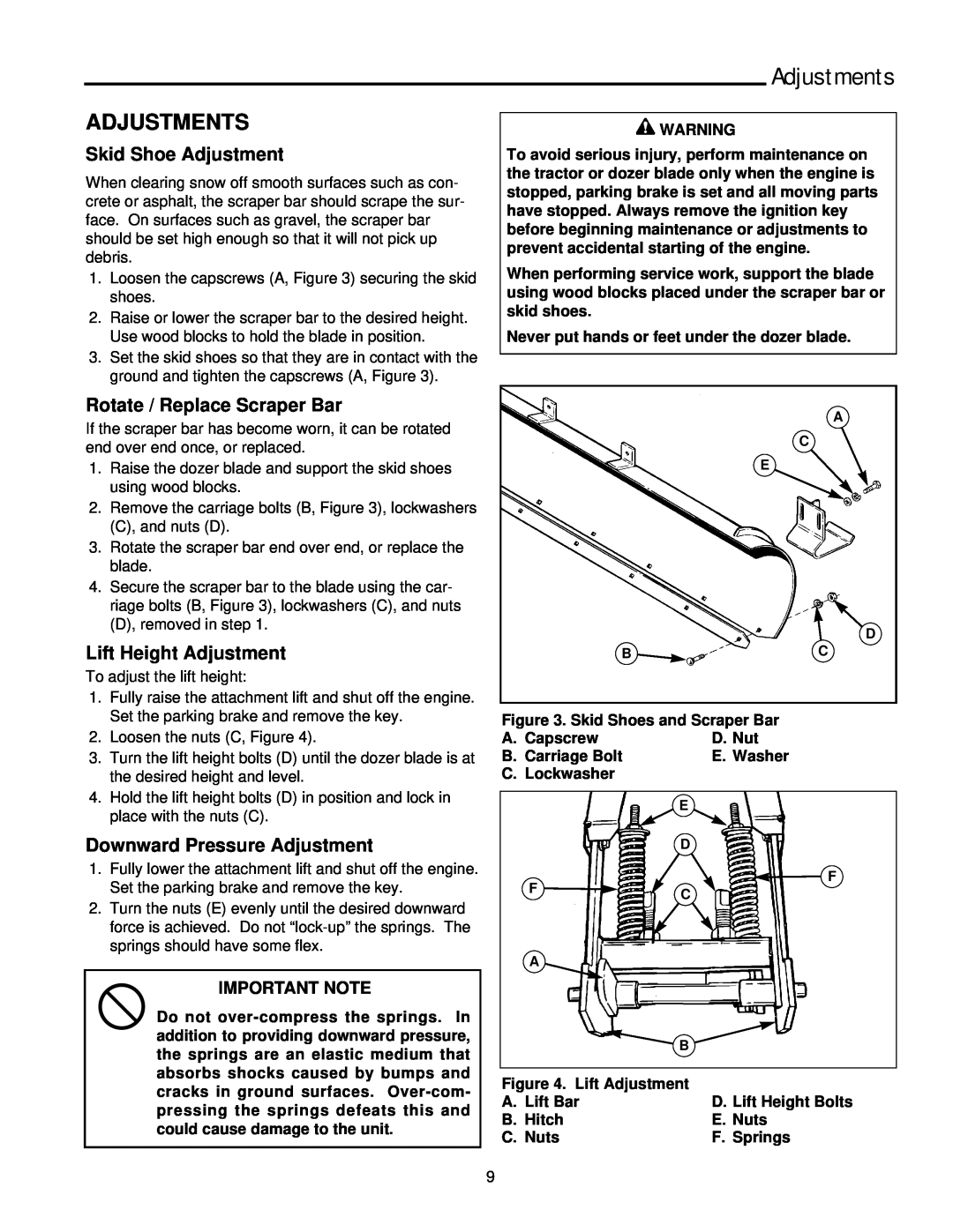 Snapper 2137 manual Adjustments, Skid Shoe Adjustment, Rotate / Replace Scraper Bar, Lift Height Adjustment, Important Note 