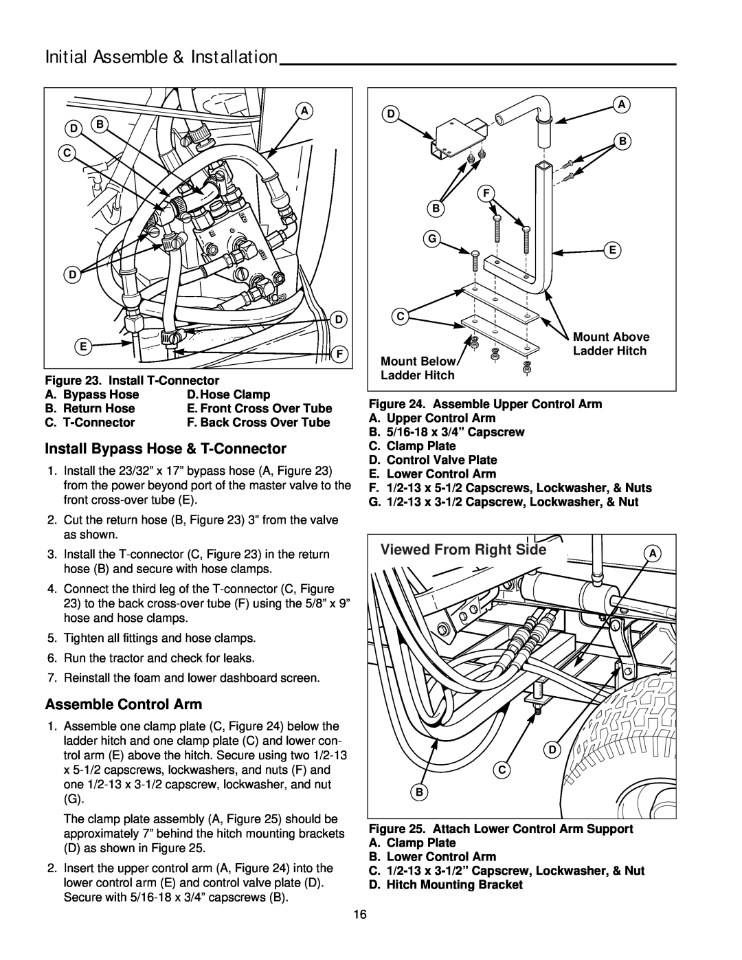 Snapper 2137 manual Initial Assemble & Installation, Install Bypass Hose & T-Connector, Assemble Control Arm 