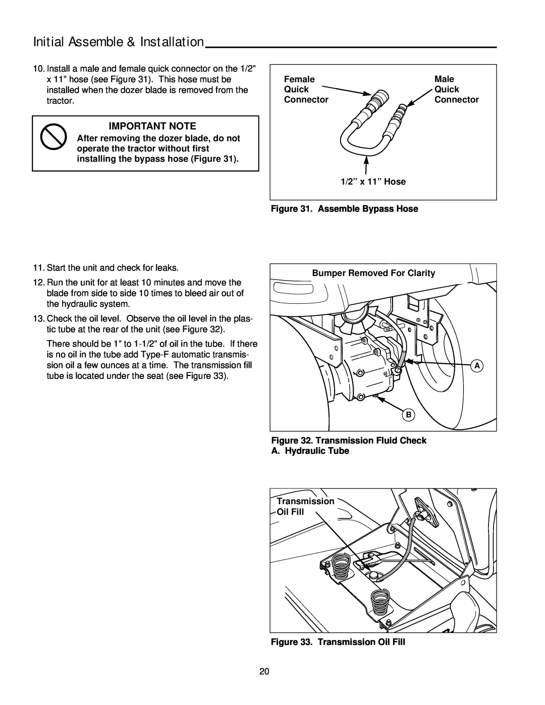 Snapper 2137 manual Initial Assemble & Installation, Important Note, Start the unit and check for leaks 
