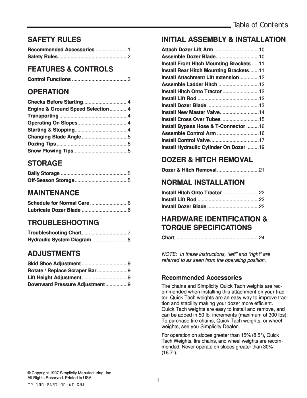 Snapper 2137 manual Table of Contents 