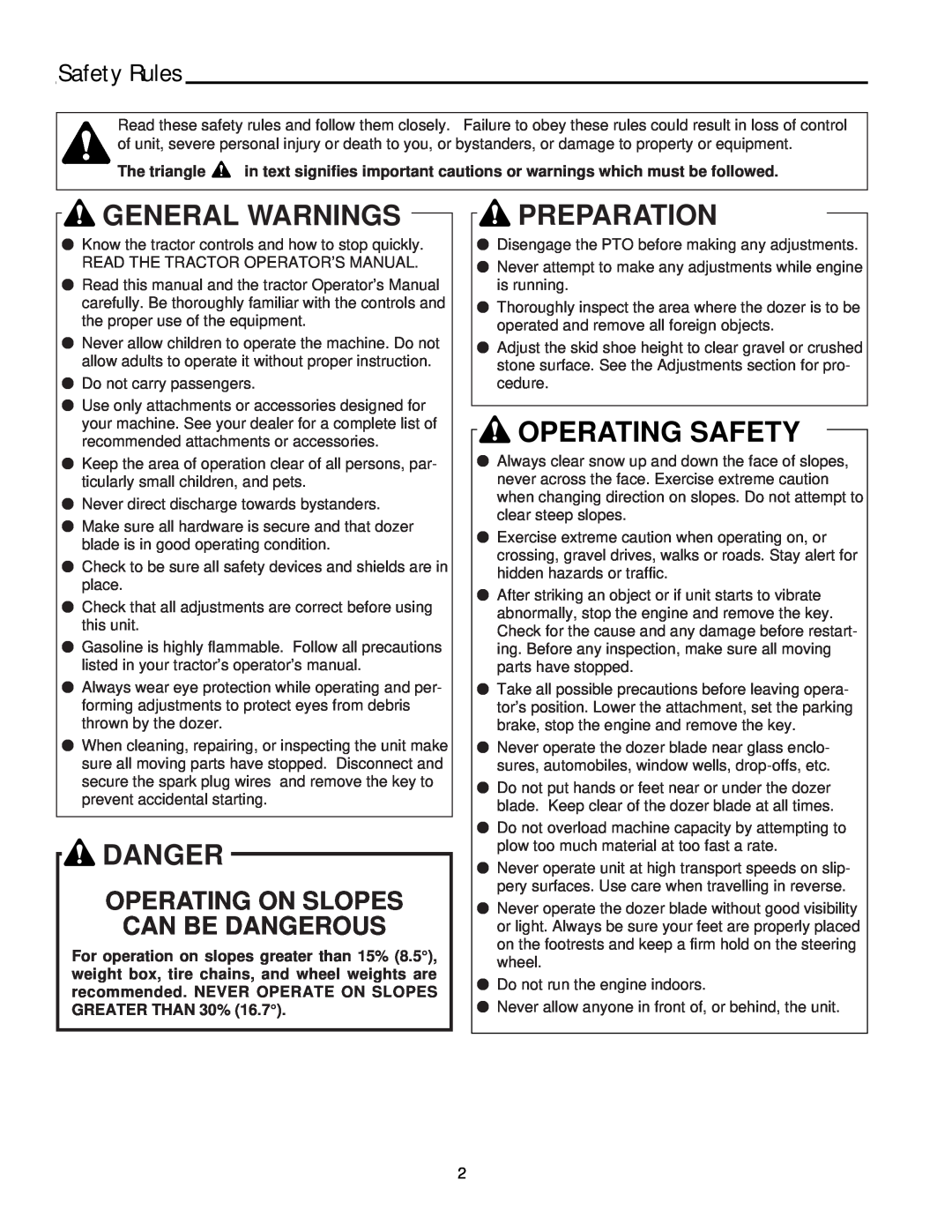 Snapper 2137 manual Safety Rules, General Warnings, Preparation, Operating Safety, Operating On Slopes Can Be Dangerous 