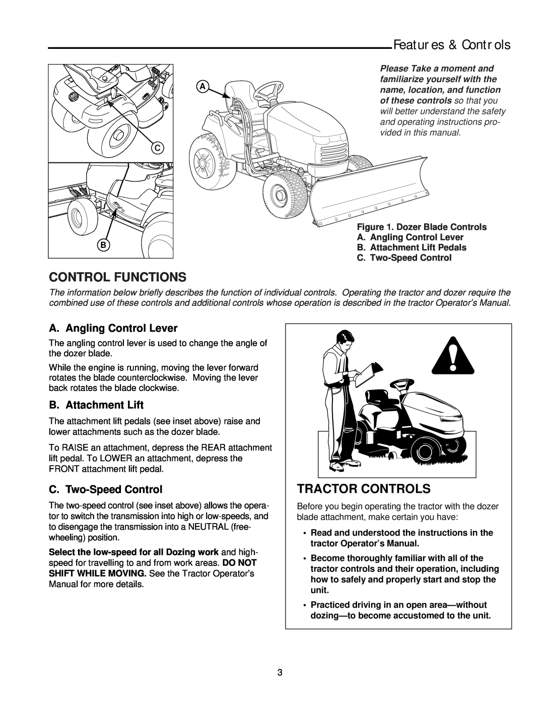 Snapper 2137 manual Features & Controls, Control Functions, Tractor Controls, A. Angling Control Lever, B. Attachment Lift 