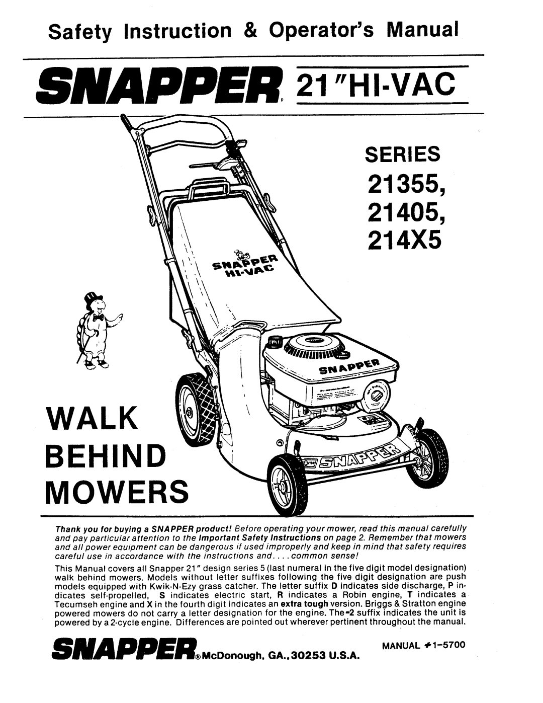 Snapper 214x5, 21405, 21355 manual 