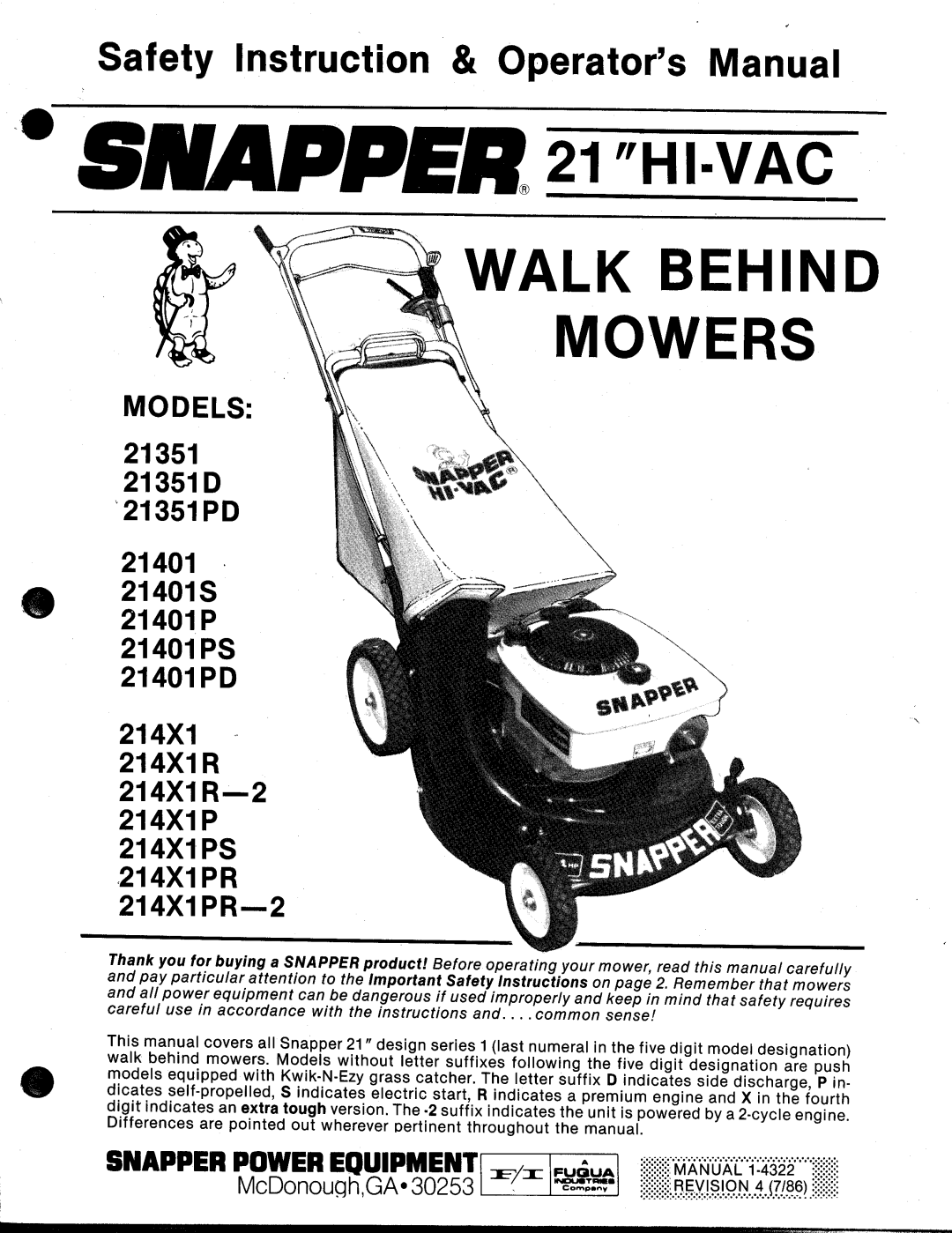 Snapper 214X1R-2, 214X1PS, 214X1PR-2, 21401PD manual 