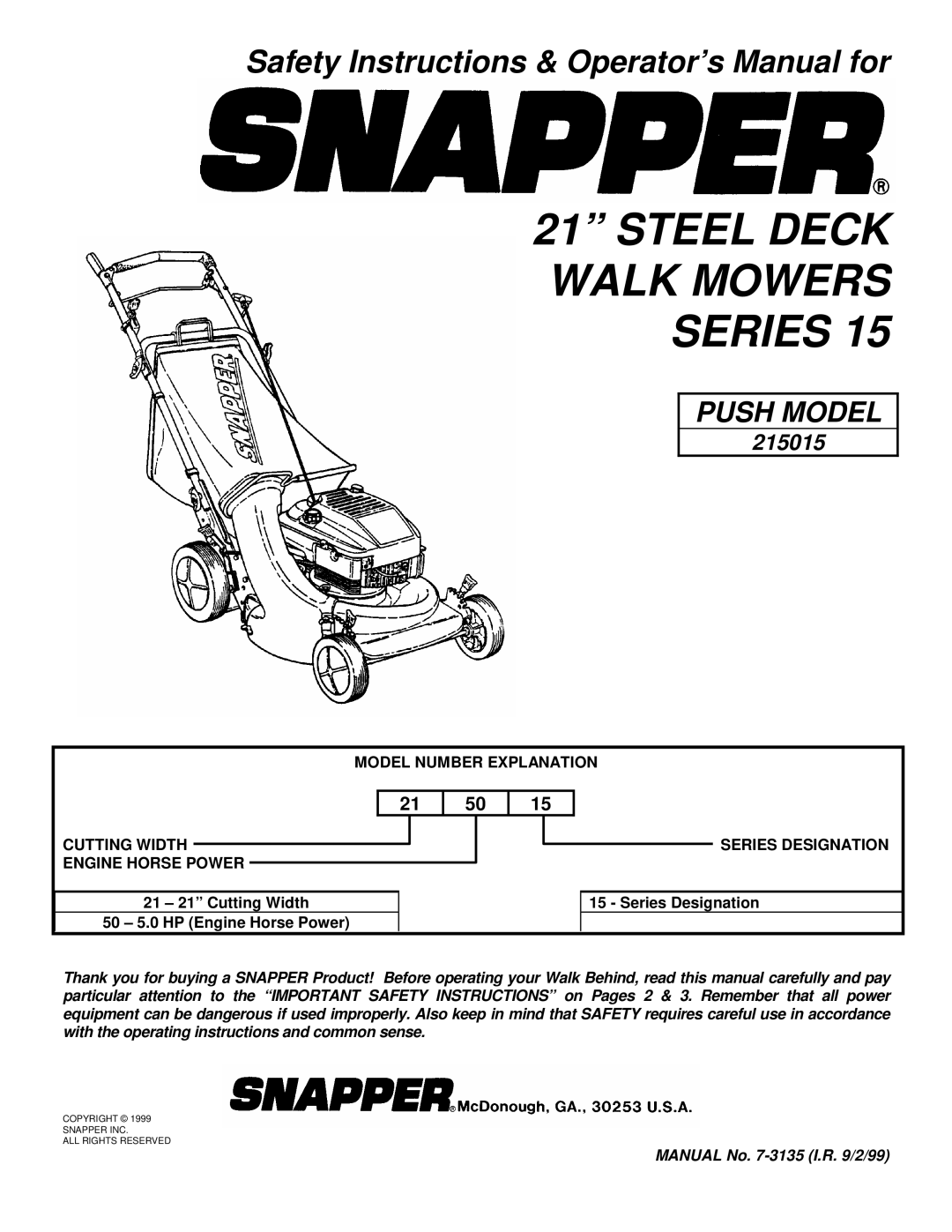 Snapper 215015 important safety instructions Model Number Explanation Cutting Width Engine Horse Power, Series Designation 