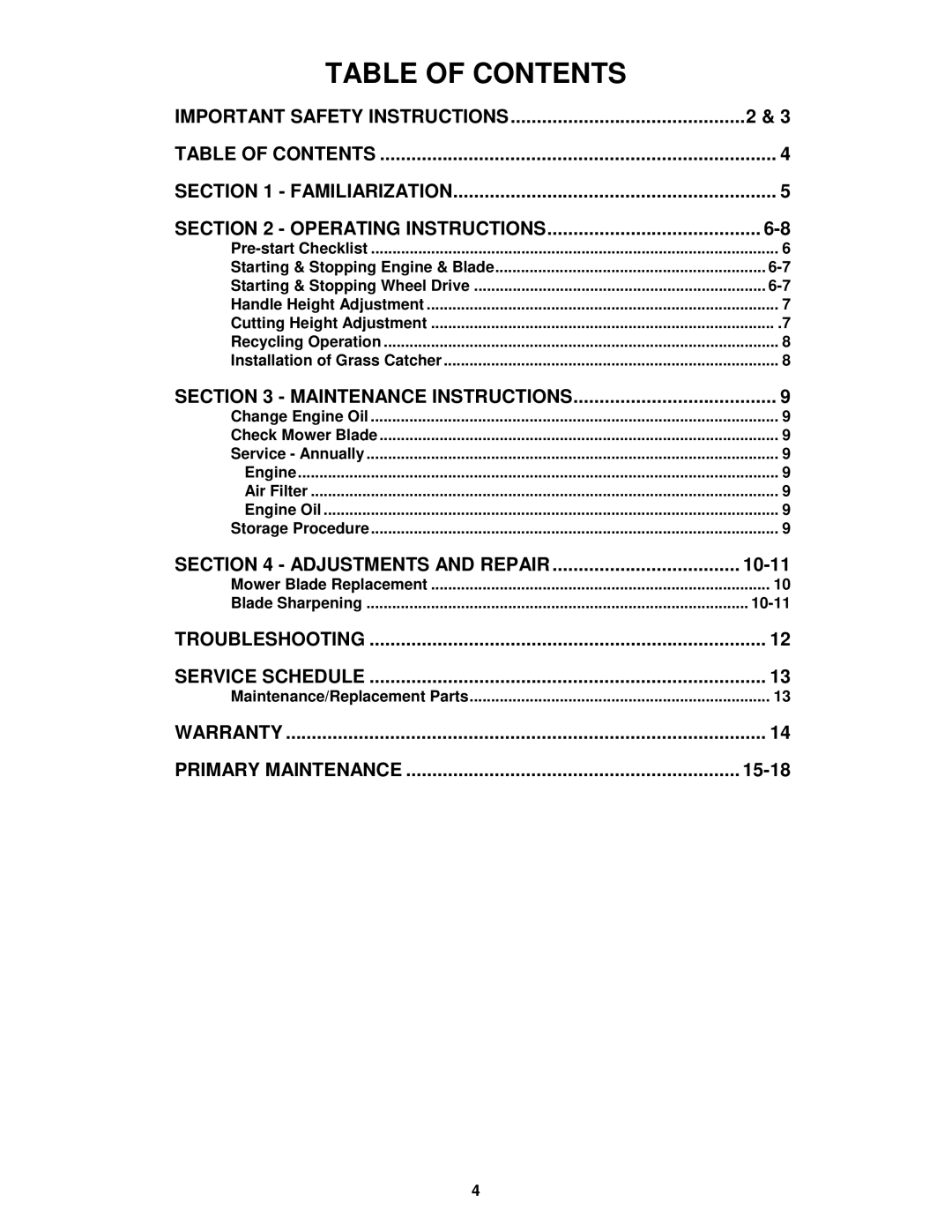 Snapper 215015 important safety instructions Table of Contents 