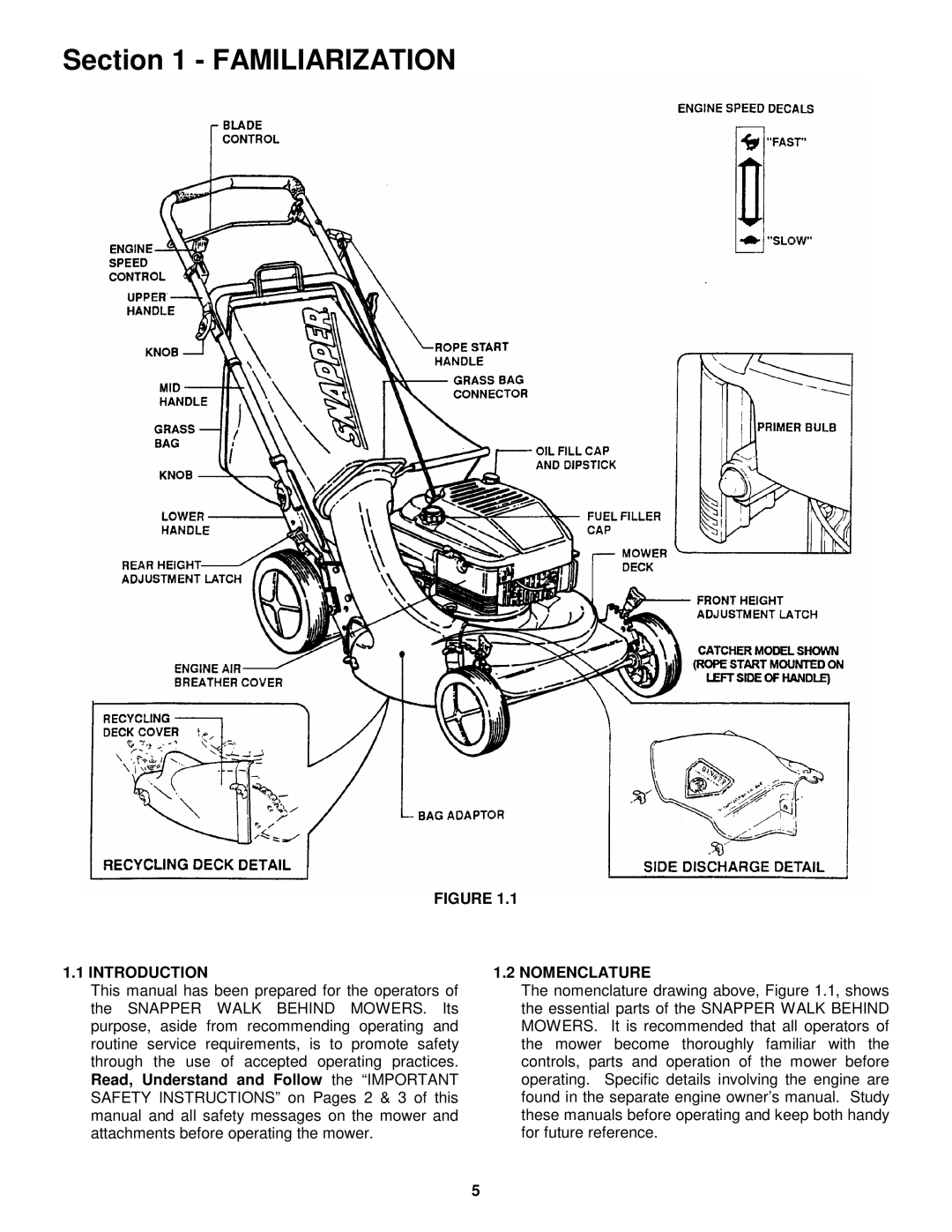 Snapper 215015 important safety instructions Familiarization, Introduction, Nomenclature 