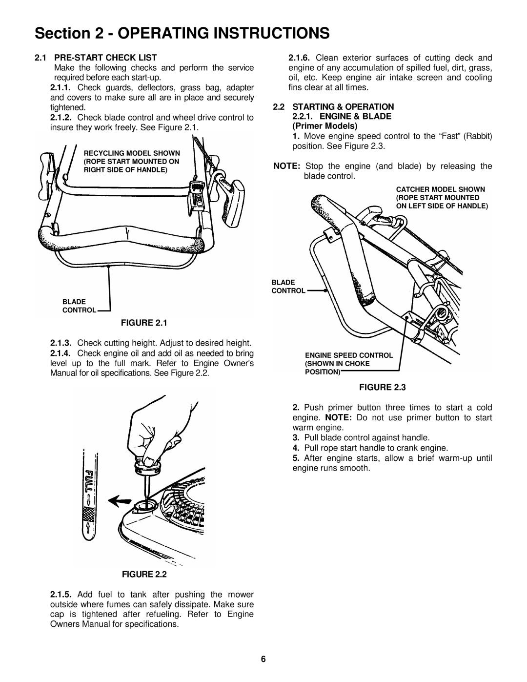 Snapper 215015 Operating Instructions, PRE-START Check List, Starting & Operation 2.2.1. Engine & Blade 