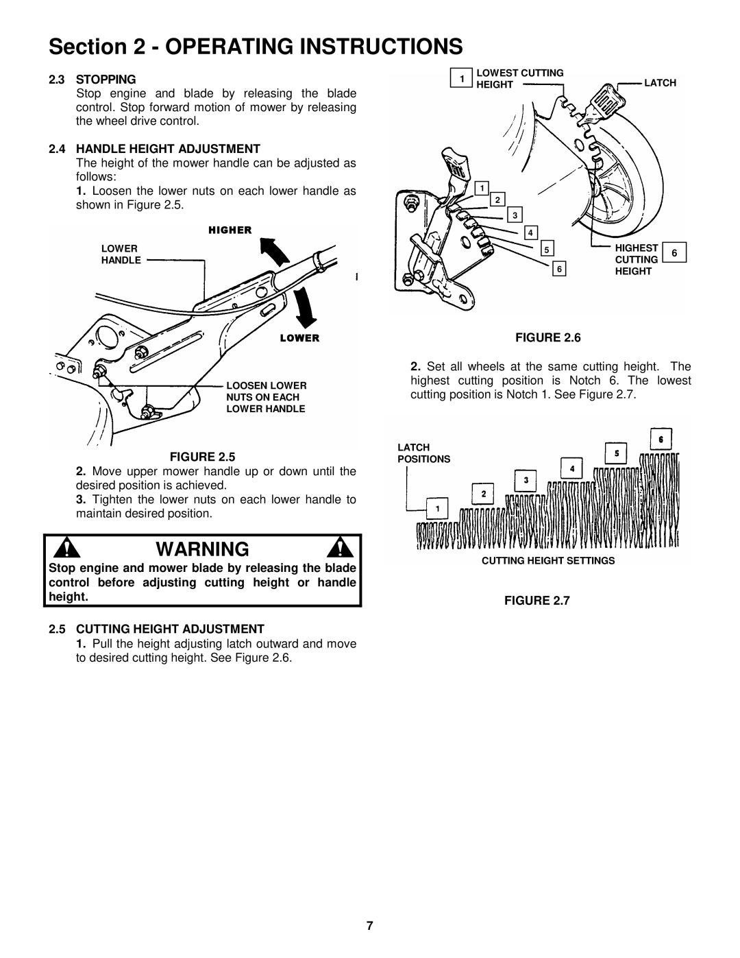 Snapper 215015 important safety instructions Stopping, Handle Height Adjustment, Cutting Height Adjustment 