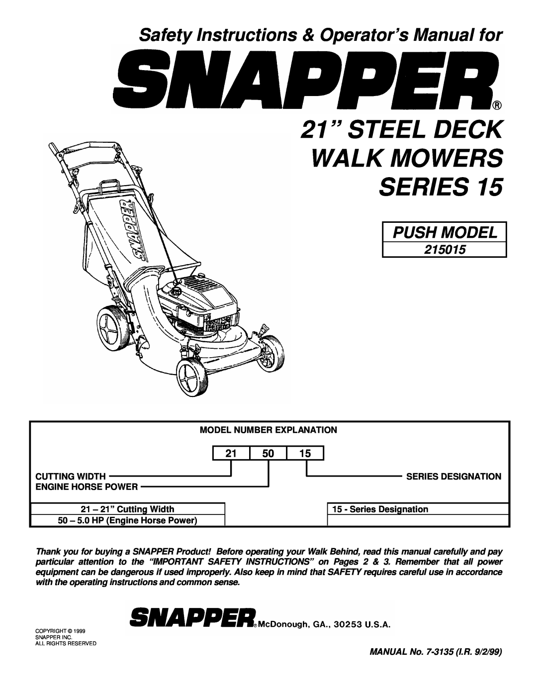 Snapper 215015 important safety instructions 21” STEEL DECK WALK MOWERS SERIES, Push Model 