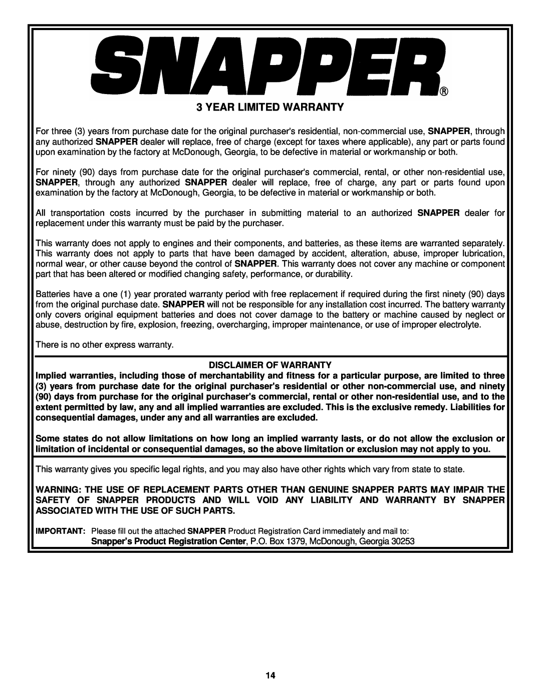 Snapper 215015 important safety instructions Year Limited Warranty 