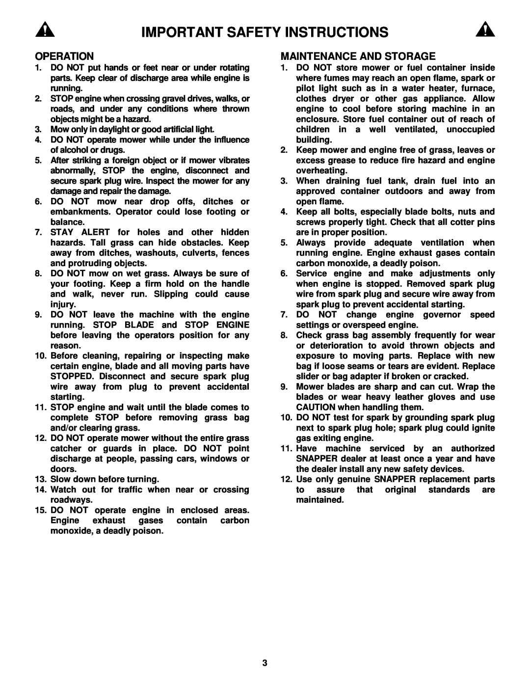 Snapper 215015 important safety instructions Important Safety Instructions, Operation, Maintenance And Storage 