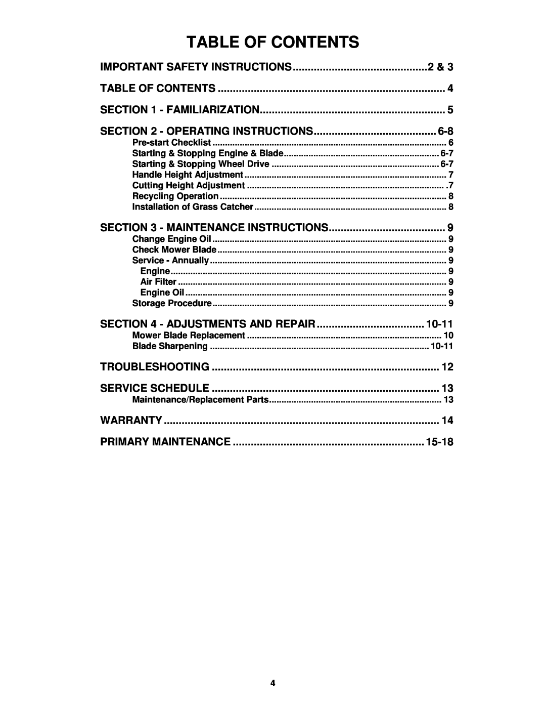Snapper 215015 important safety instructions Table Of Contents 