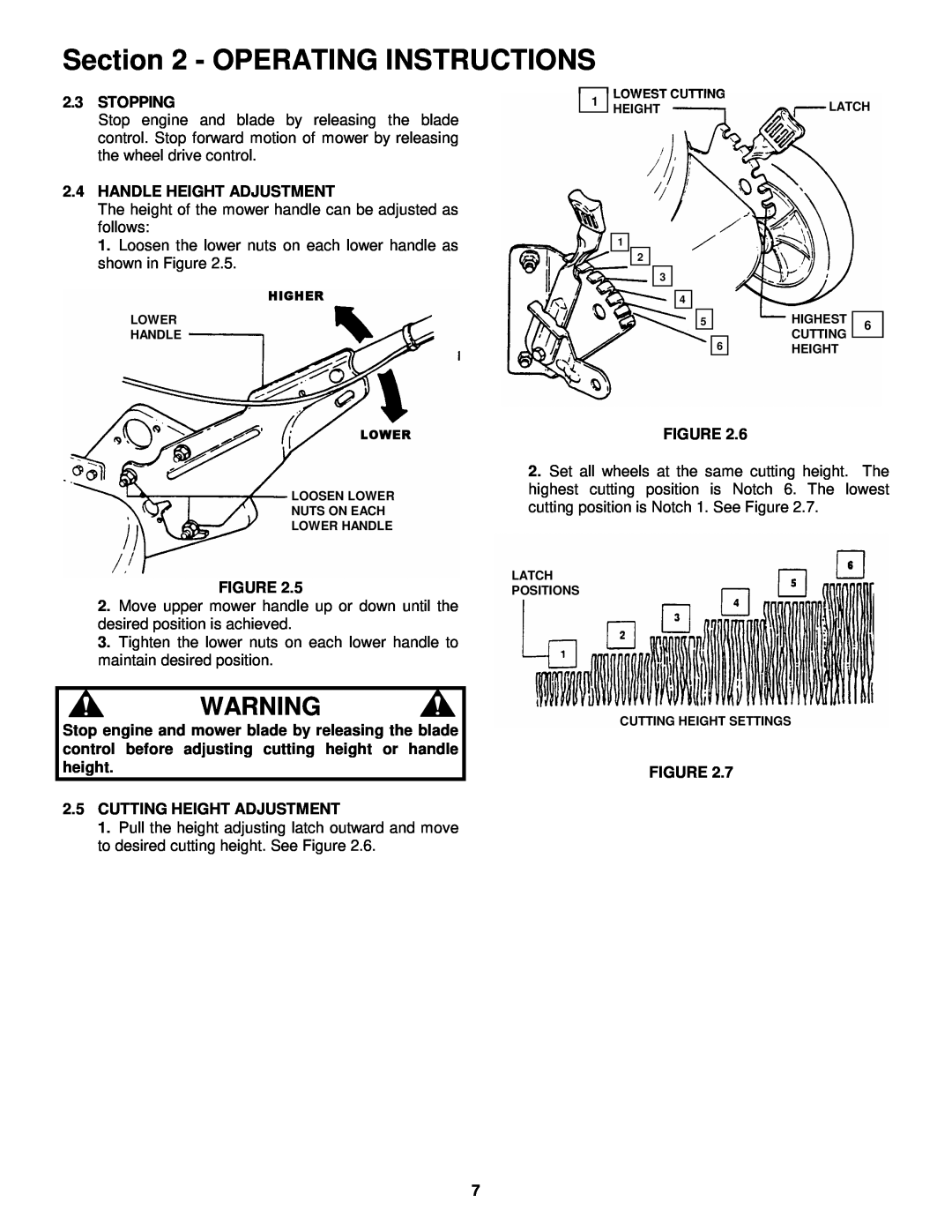 Snapper 215015 Operating Instructions, Stopping, Handle Height Adjustment, Cutting Height Adjustment 