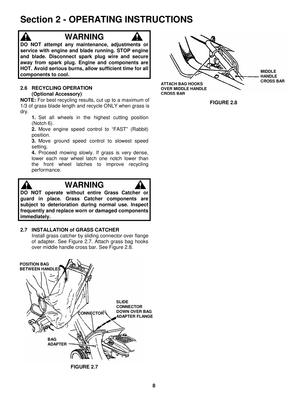 Snapper 216015, 216515BV important safety instructions Attach BAG Hooks Over Middle Handle Cross BAR 