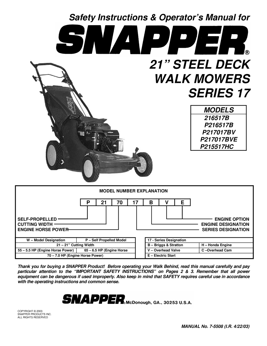 Snapper 216517B, P216517B, P217017BV, P217017BVE, P215517HC important safety instructions Engine Option 