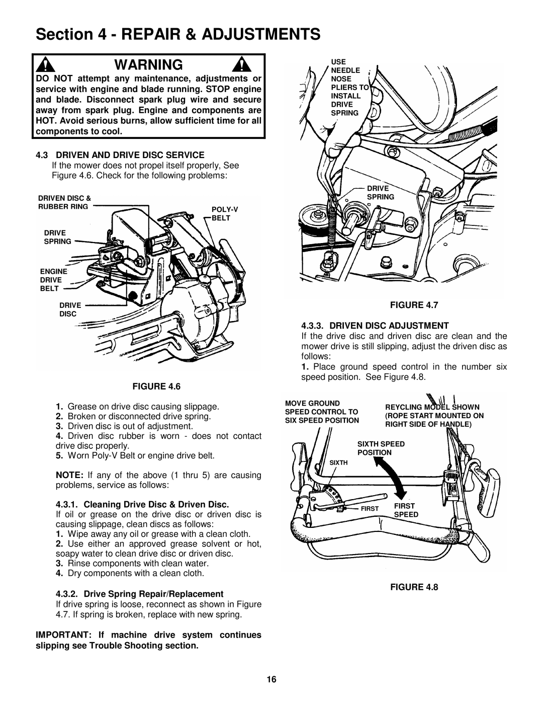 Snapper 216517B, P216517B, P217017BV, P217017BVE, P215517HC Driven and Drive Disc Service, Driven Disc Adjustment 