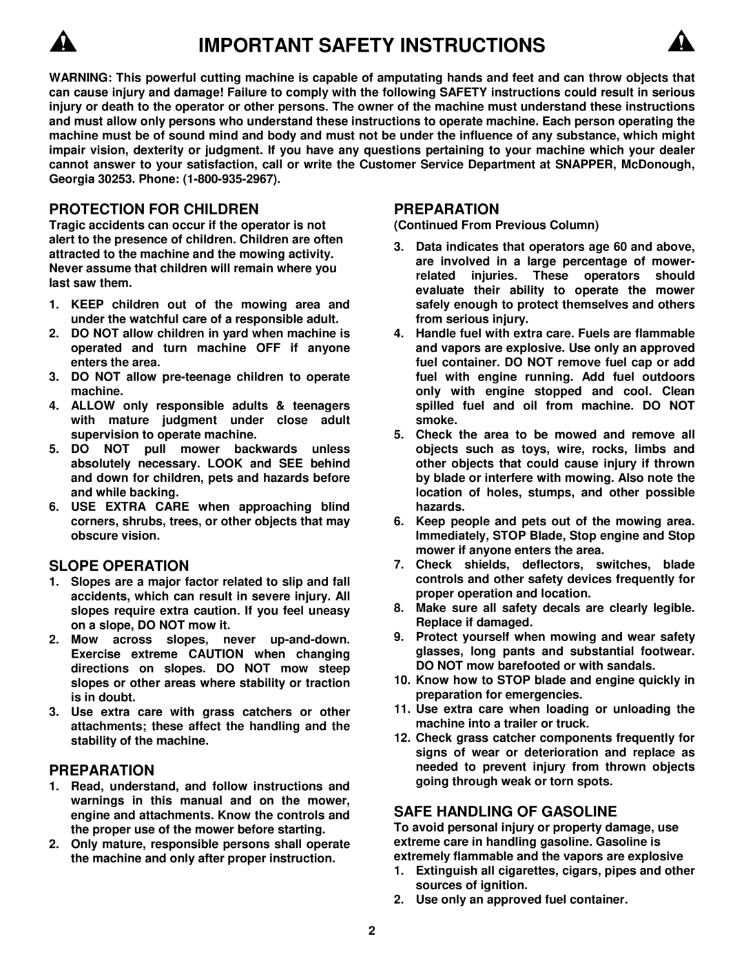 Snapper 216517B, P216517B, P217017BV, P217017BVE, P215517HC important safety instructions Important Safety Instructions 