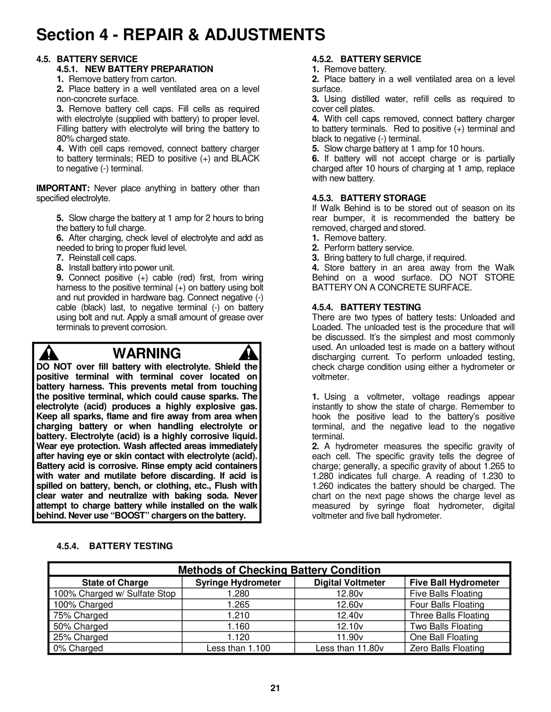 Snapper 216517B, P216517B, P217017BV, P217017BVE, P215517HC Battery Service, Battery Testing, Battery Storage 