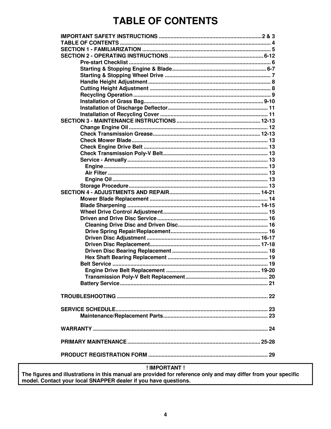 Snapper 216517B, P216517B, P217017BV, P217017BVE, P215517HC important safety instructions Table of Contents 