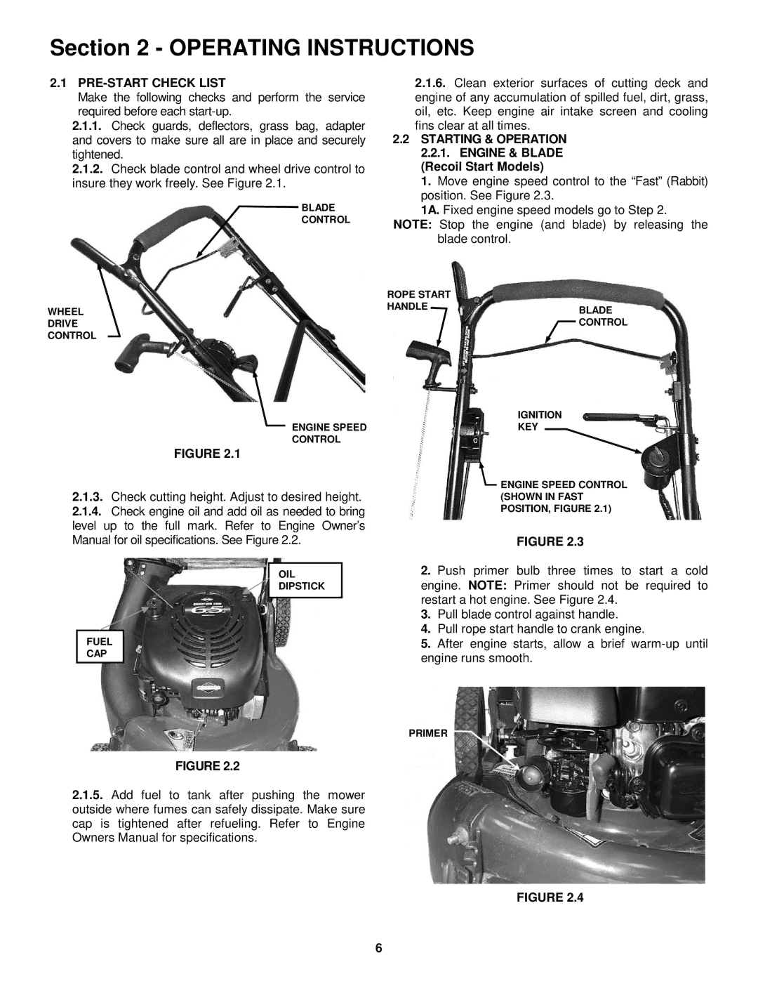 Snapper 216517B, P216517B, P217017BV, P217017BVE, P215517HC PRE-START Check List, Recoil Start Models 