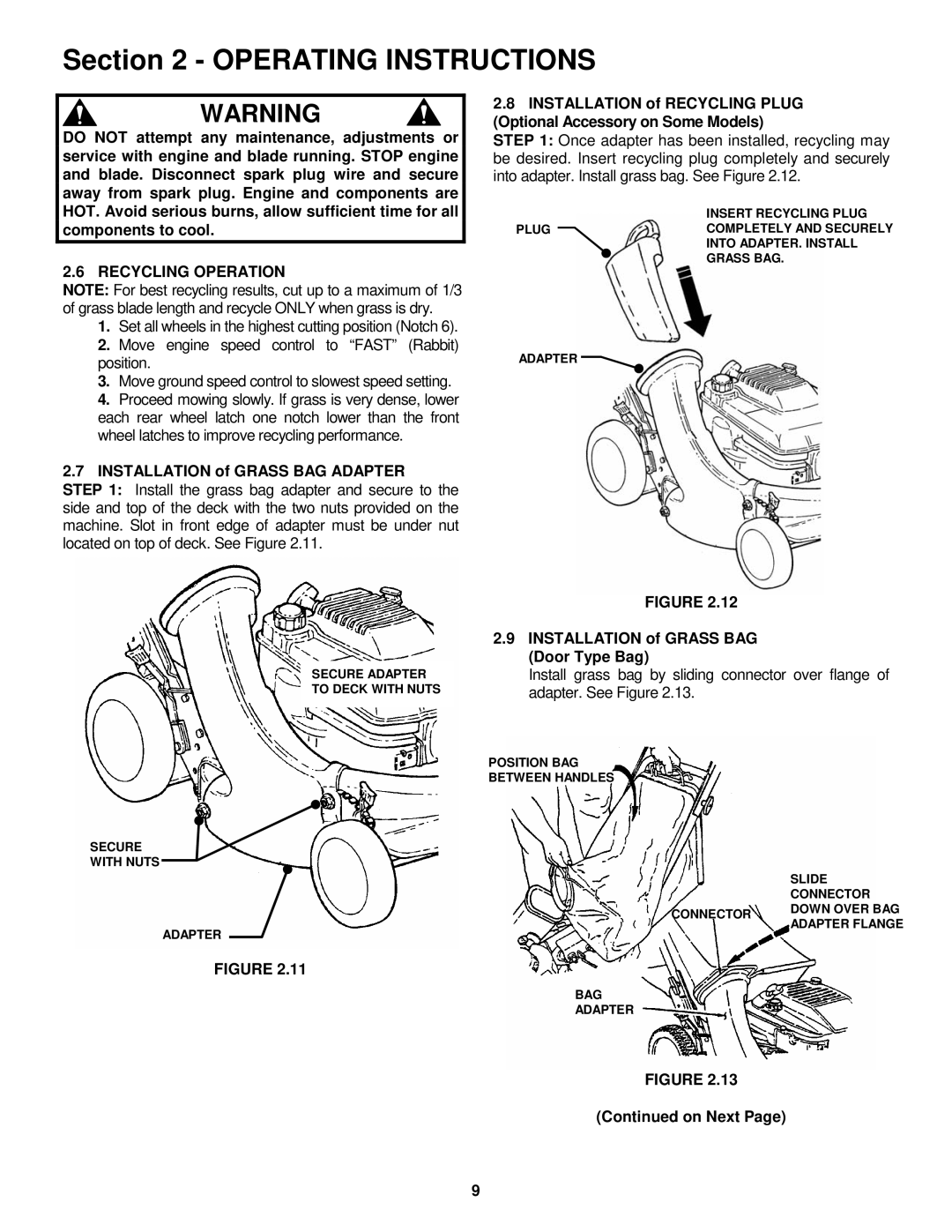 Snapper 216517B, P216517B, P217017BV, P217017BVE, P215517HC Recycling Operation, Installation of Grass BAG Adapter 