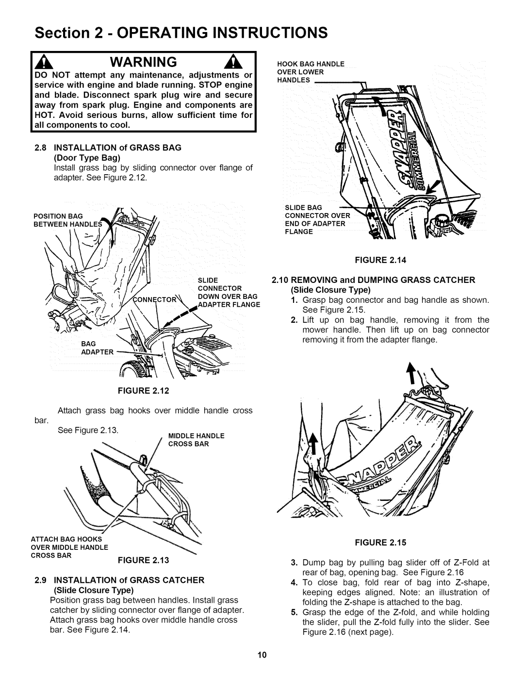 Snapper P216518B Installation of Grass Catcher, Removing and Dumping Grass Catcher Slide Closure Type 