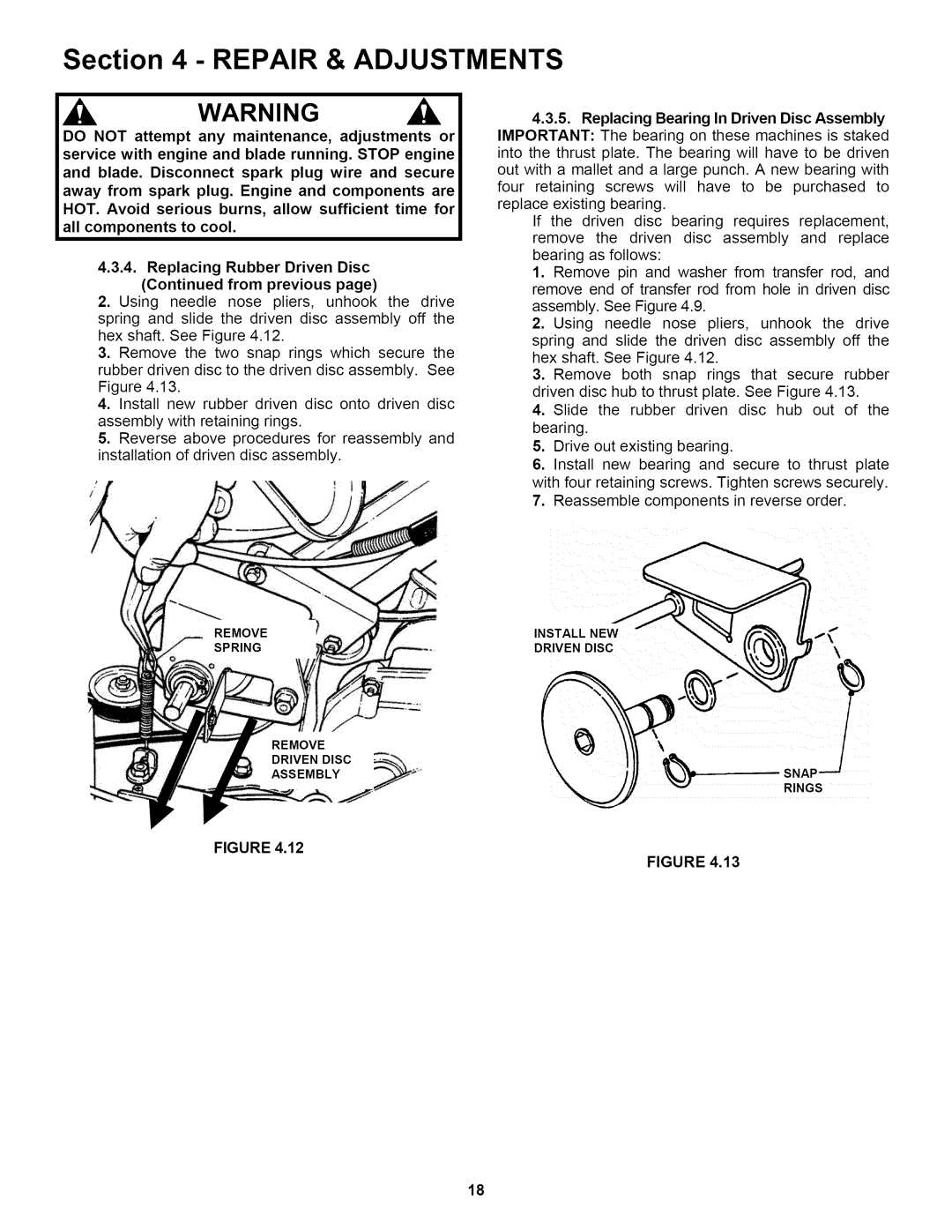 Snapper P216518B important safety instructions Install NEW Driven Disc Remove 