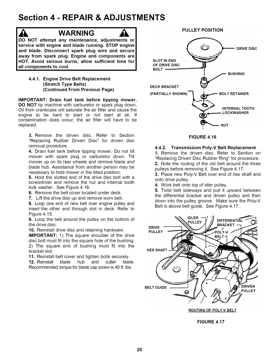 Snapper P216518B important safety instructions Pulley Position, Deckbracket, Transmission Poly-V Belt Replacement 