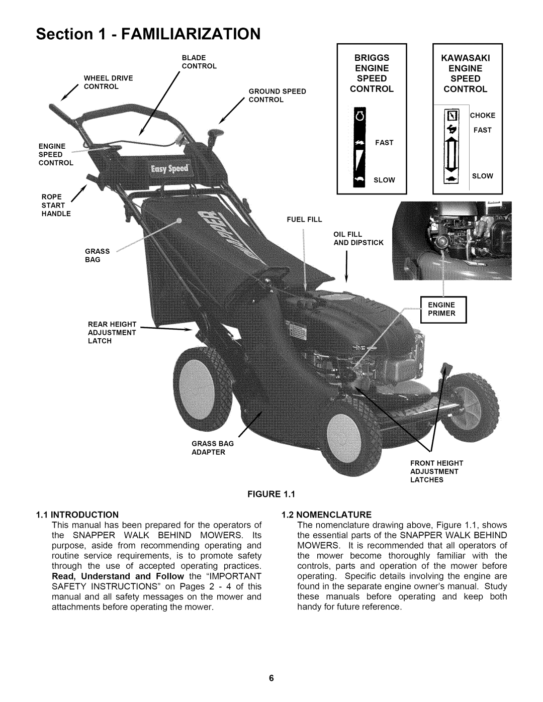 Snapper P216518B Briggs Engine Speed Control, Kawasaki Engine Speed Control, Introduction Nomenclature 